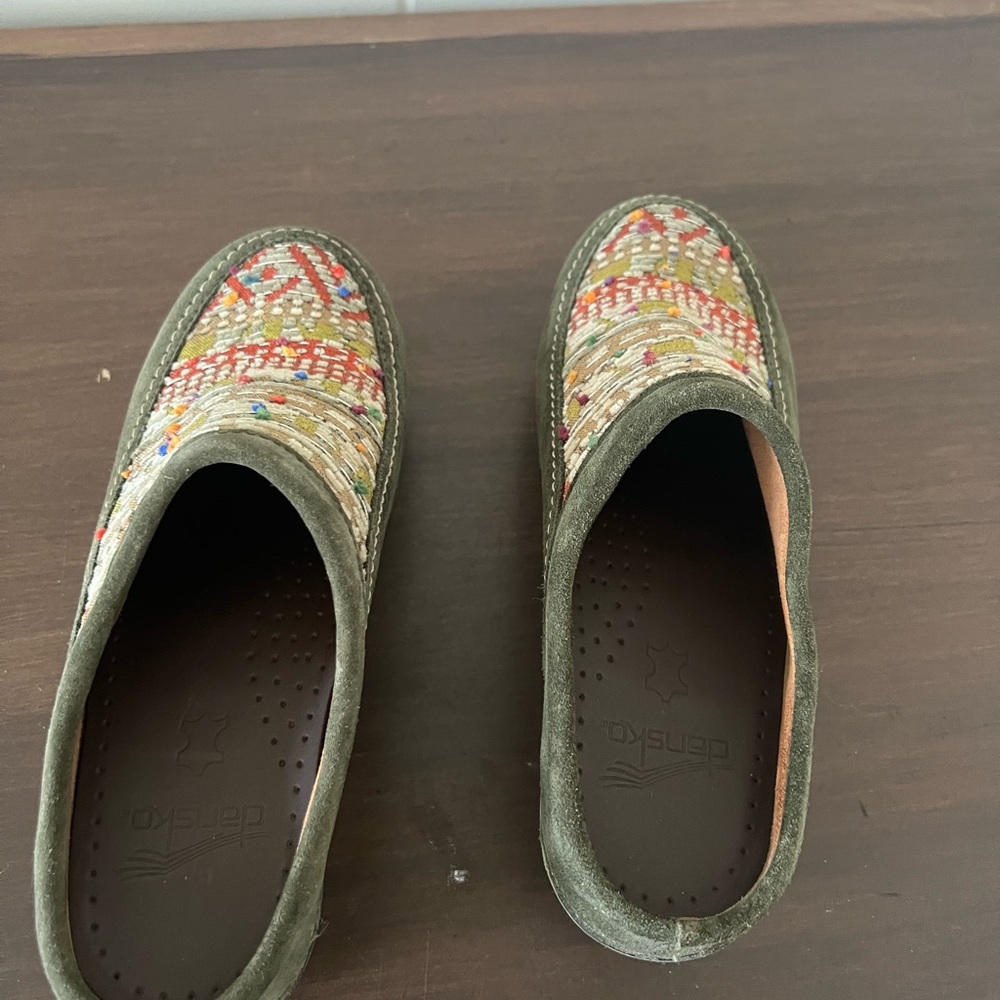 Dansko "Mystique" Green Suede Embroidered Mule Clogs